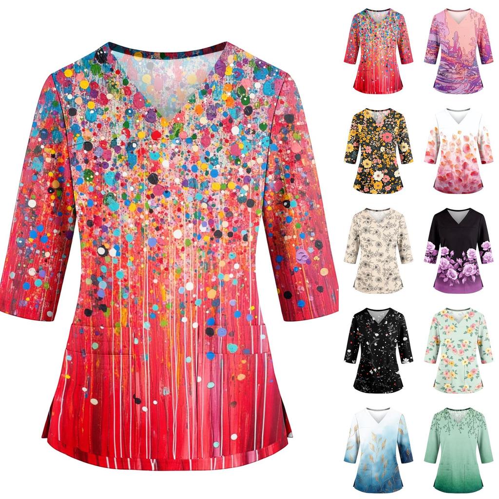 Women's Floral Print V-Neck Scrub Top with Pockets Side Slit Three-Quarter Sleeves