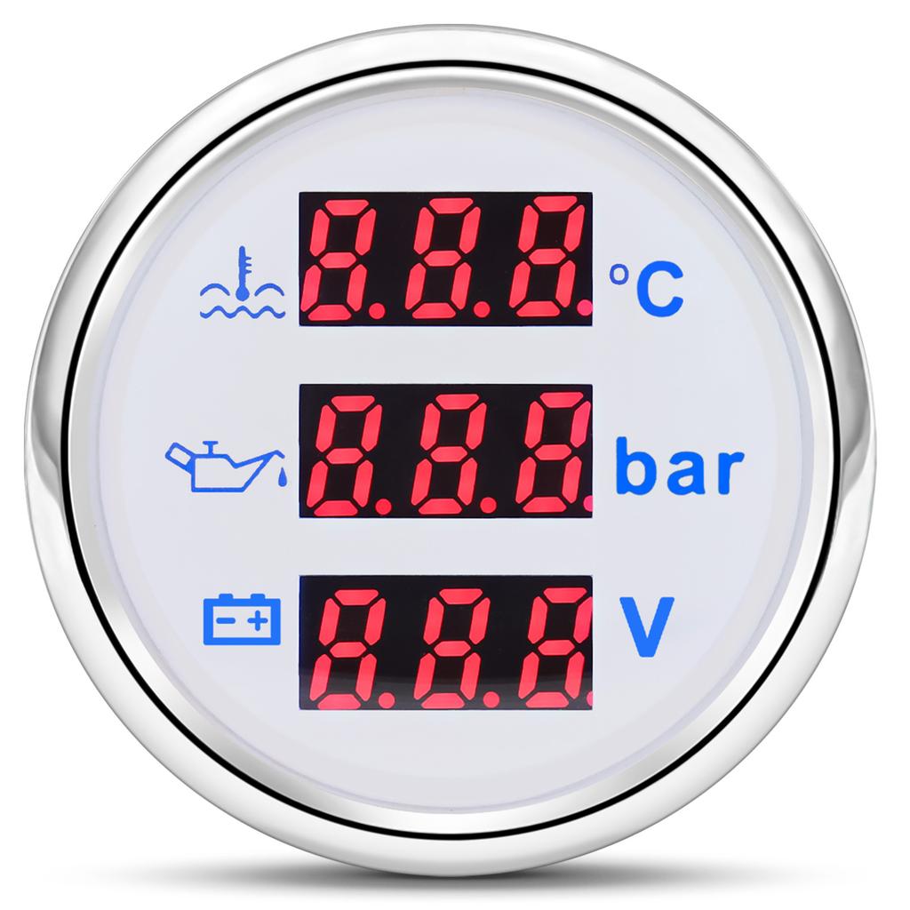 52mm 3 In 1 Water Temperature Oil Pressure Voltmeter With Alarm Gauge For Marine Car Boat Multi-Function Waterproof LCD Meter