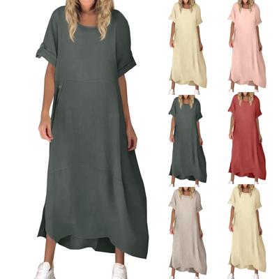 Women's Fashion Solid Color Short Sleeve Casual Loose Long Dresses