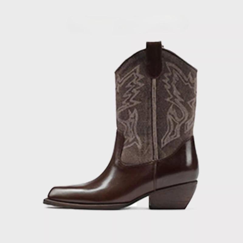 Fashion New Women's Vintage Embroidery Woman Western Cowgirl Boot Casual Slip on Knight Booties Autumn Winter Thick Heel Girl Shoes