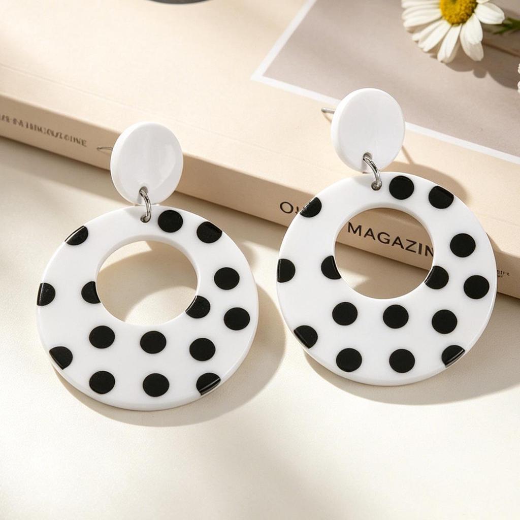 Hong Kong Style Retro Black & White Polka Dot Earrings: Double Layer Round Acrylic for Women