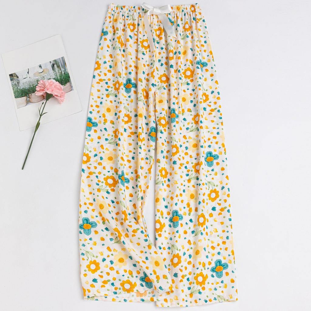 Women's Floral Cotton Silk Pajama Pants, Mosquito Repellent, Outdoor & Home Wear, Plus Size, Lightweight Summer Style.