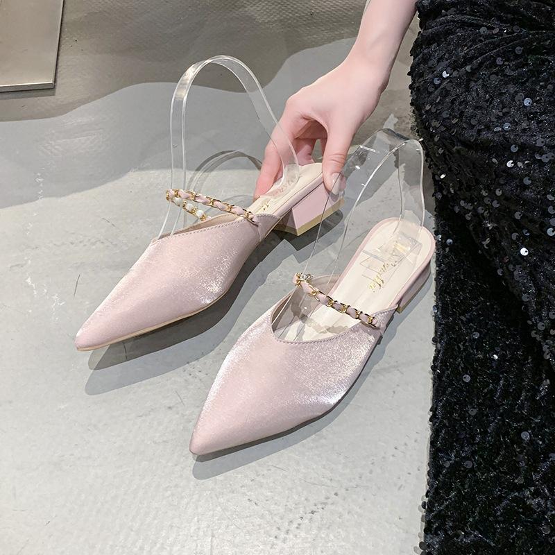 Hot Selling Square Heel Pink Slides Cover Shoes Woman 2025 Low Female Mule Slippers Heels Block Pointed  High Pumps Heel Shoes
