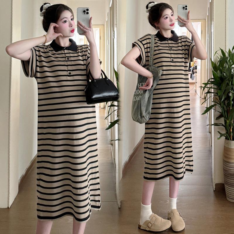 2026 Korean Striped Casual Maternity Polo Dress 2XL
