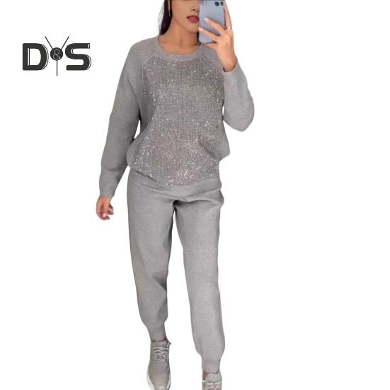 

2 шт./комплект. Жіночий верхній брючний костюм. Декор зі стразами. О-виріз, довгі рукави. Спортивна толстовка в стилі печворк. Штани на еластичній талії. Одяг для фітнесу, осінь-весна. XXXL срібло сірий колір