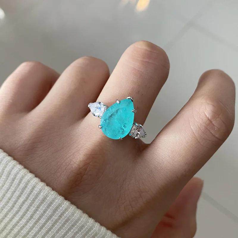 

New Teardrop-shaped Paraiba Zircon Ring - Exquisite Women s Ring, Party Jewelry, Wedding Bride s Collection 6
