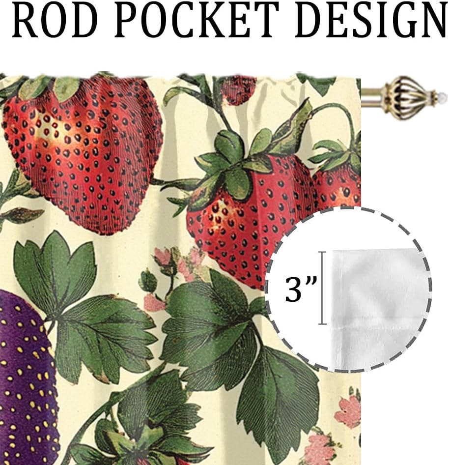 Cartoon Strawberries Curtains Bedroom,Vintage Tropical Fruit Strawberries Pattern Thermal Insulated Darkening Pocket Curtains