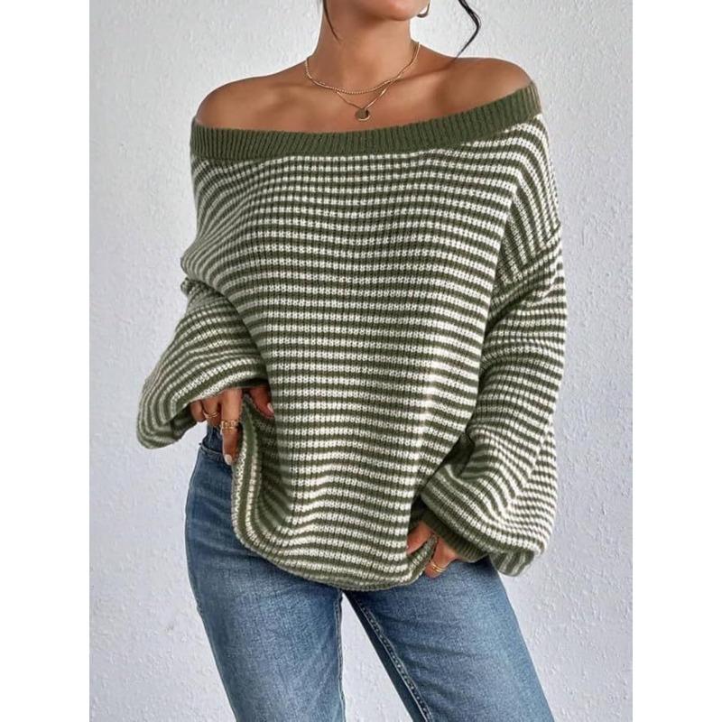 Loose Fit Striped Off Shoulder Lantern Sleeve Pullover Sweater