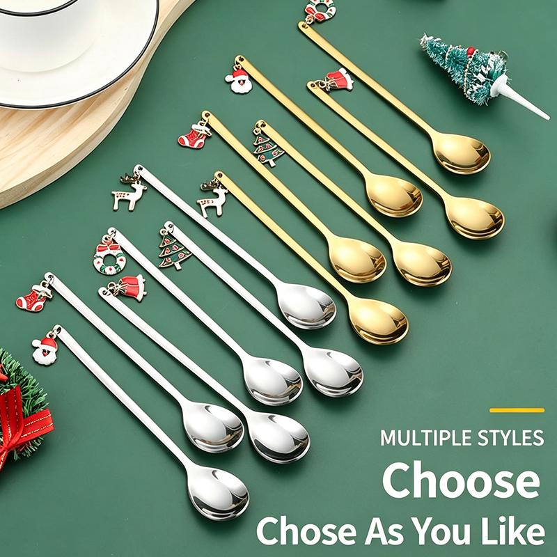 Stainless Steel Christmas Spoon Set Elk Pendant Exquisite Craft Tea Spoon Creative Tableware Party Ornament Style Dessert Spoon