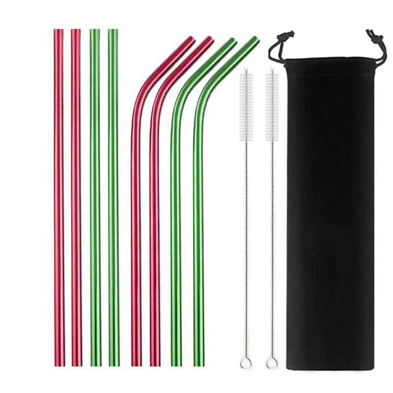 8 Pcs Metal Reusable 304 Stainless Steel Straws Straight Bent Drinking Straw with Bag Cleaning Brush Set Party Bar Accessory