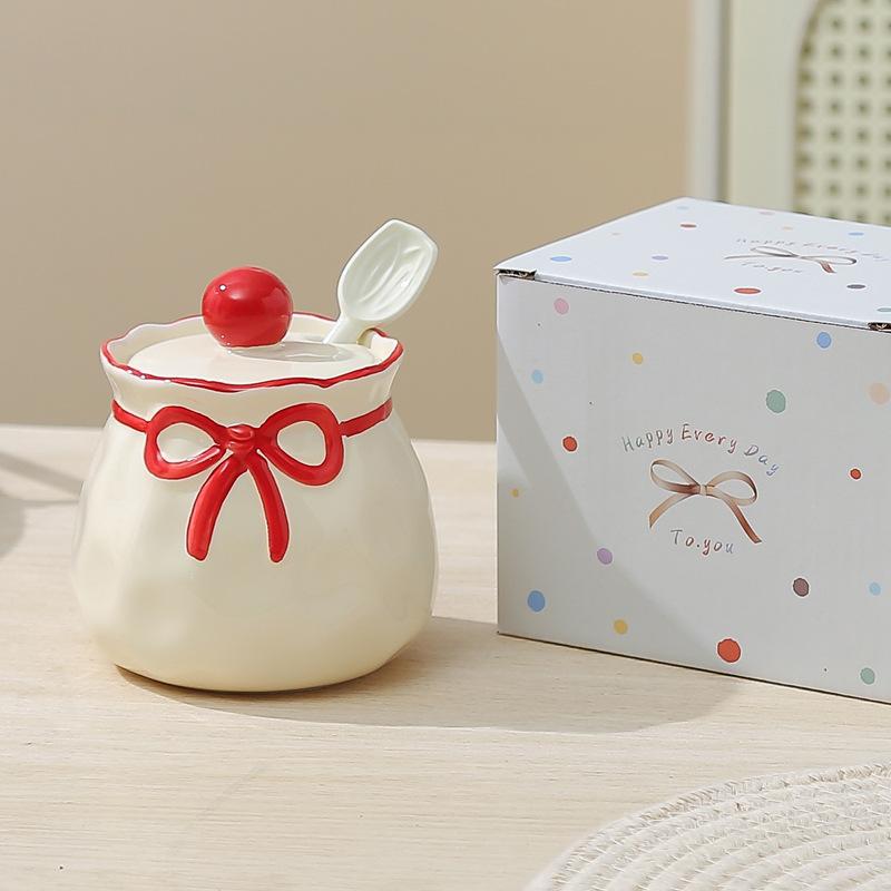 Cute bow seasoning jar kitchen household combination set ceramic seasoning box pepper salt jar spice storage box
