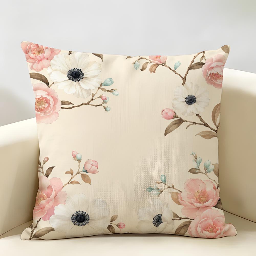 Soft Watercolor Flower Branches Cushion Cover Durable Hypoallergenic Organic Linen Short Pillow Cover Washable