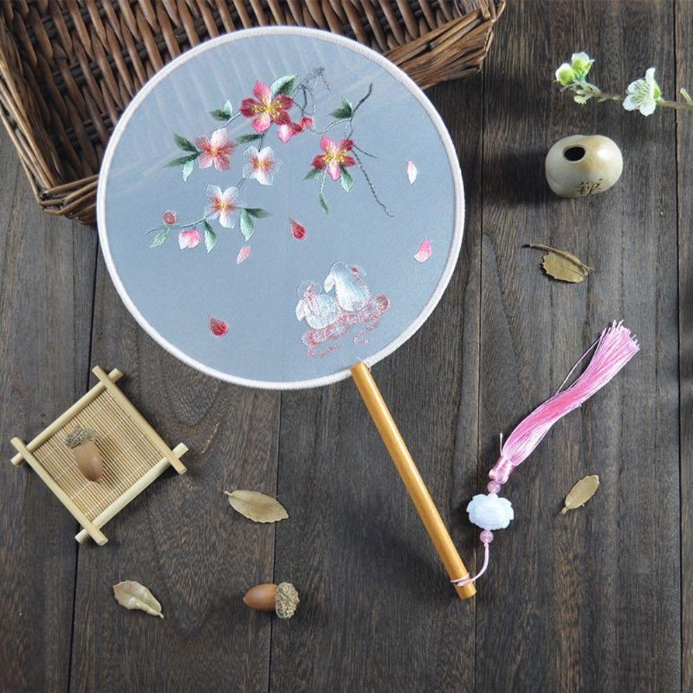 Handheld Embroidery Fan with Pendant Silk Fan Peony Chinese Style Fan Photography Prop