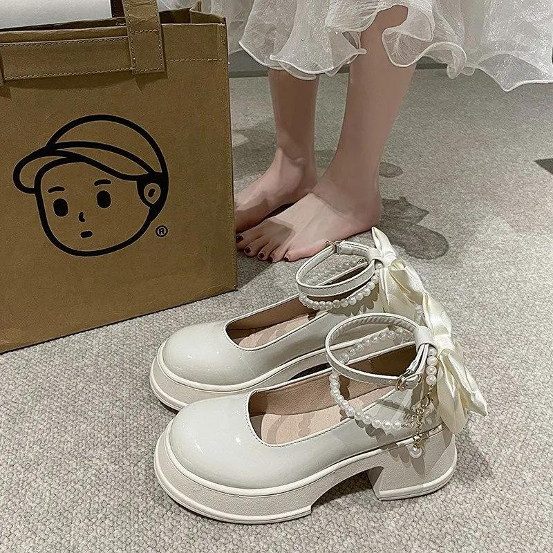 French Round Head White Pearl Thick-heeled Mary Jane High Heels Women's Spring and Autumn Retro Thick-soled Small Leather Shoes