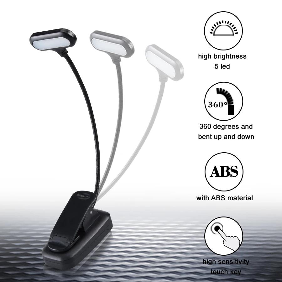 Clip LED Book Light 5 LEDs AAA Battery Powered Portable Flexible Reading Lamp Eye Protection Student Study Learning Office