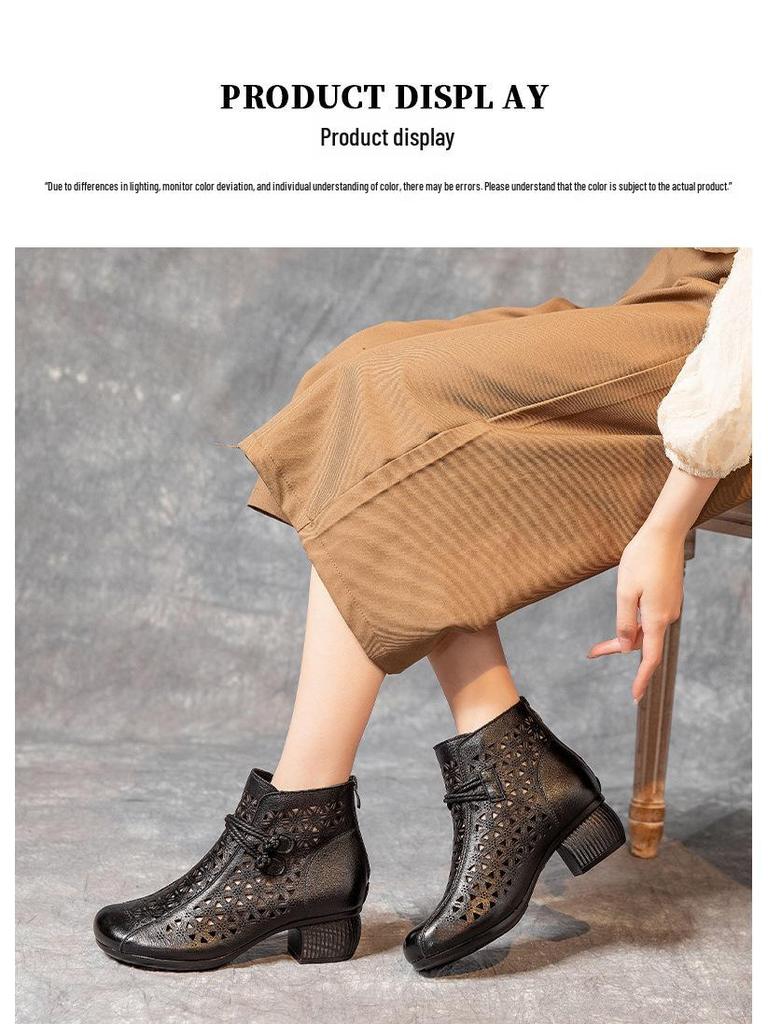2025 Summer Genuine Leather Peep-Toe Perforated Mid-Heel Sandals - Women's Retro Chunky Heel Martin Boots.