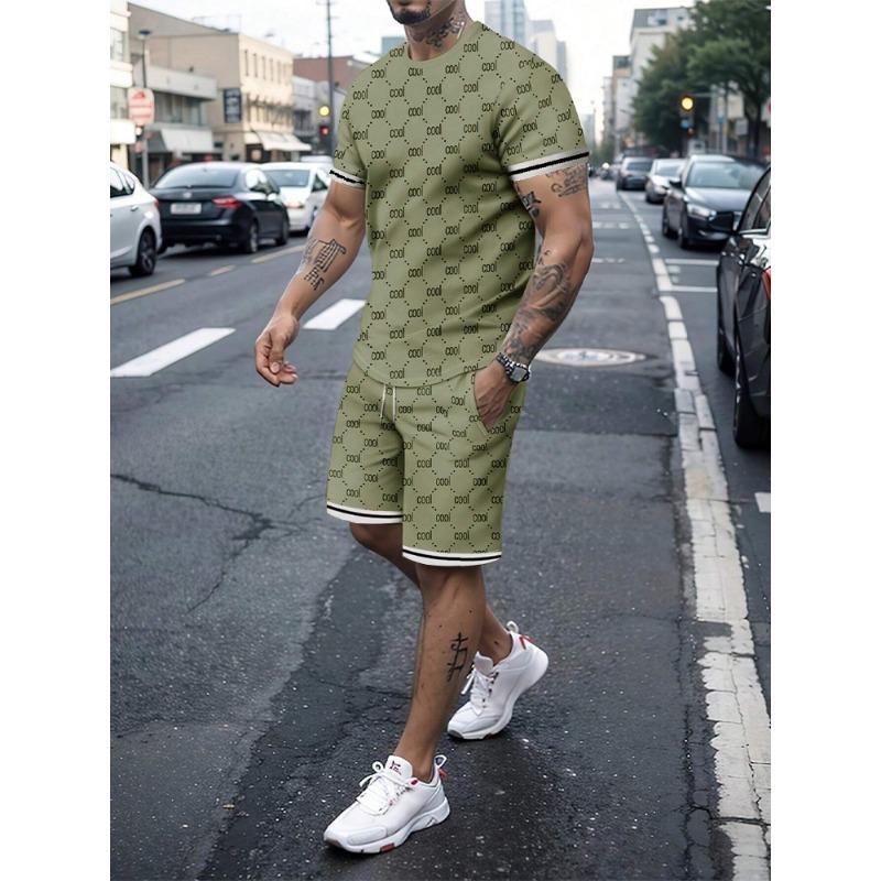 

Casual Men s Suit Fashion Letter Printed Flower Color Round Neck Short Sleeve Shorts Personalized Trend Two Piece Clothing 2XL