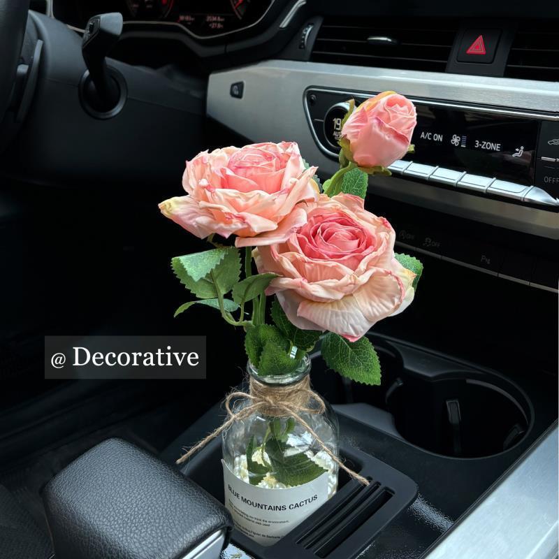 

French Rose Oil Painting Car Ornament with Burnt Edge - Decorative Bouquet for Cup Holder Standard