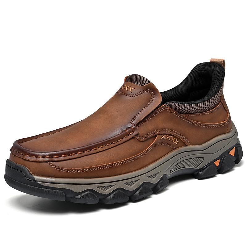 Men's Four Seasons Leather Slip-On Loafers: Thick Sole, Wear-Resistant, Casual Outdoor Shoes