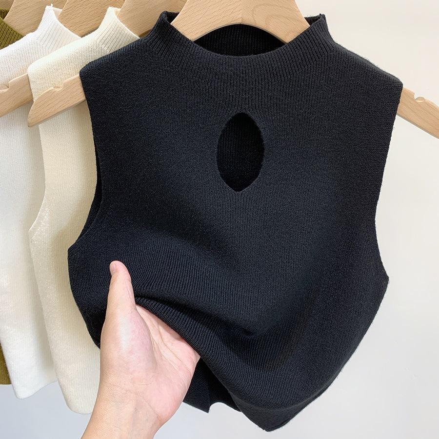 

Трикотажный жилет с подтяжками и полуворотником для женщин с внутренней рубашкой на лето, новый стиль, короткий топ-свитер One size