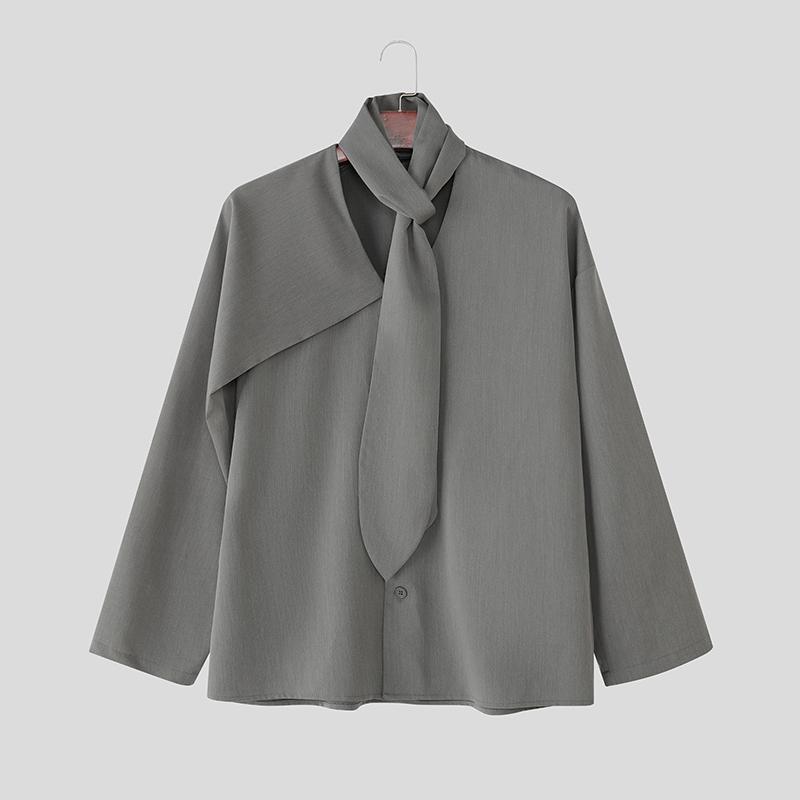 

INCERUN Oversized Men Tie Up Neck Long Sleeve Solid Casual Loose Shirts 5XL серый
