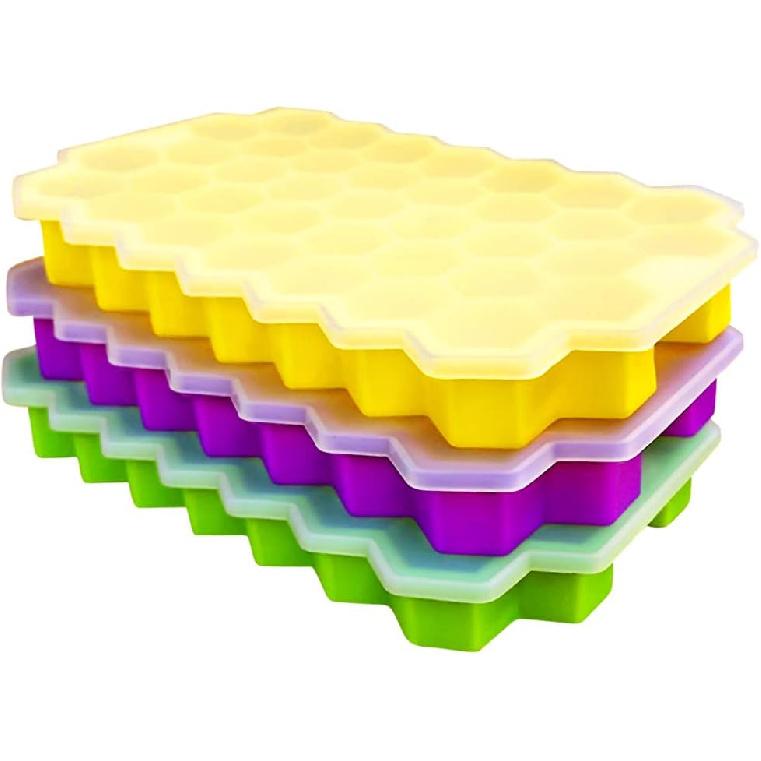 Ice Cube Trays with Lids 3 Pack, Silicone Ice Cube Mold Flexible Easy Release Small Square Ice Tray 111 Cavities Food Grade Stackable Ice Trays for