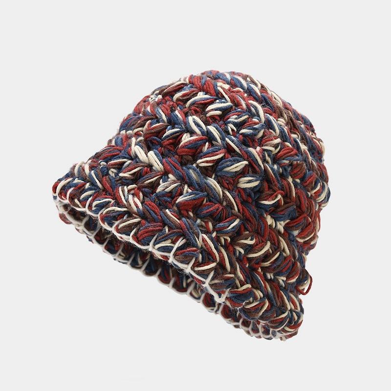 Mixed Color Thick Stick Needle Hand-knitted Wool Bucket Hat Women's Autumn and Winter Thickened Warm Hemming Basin Hat