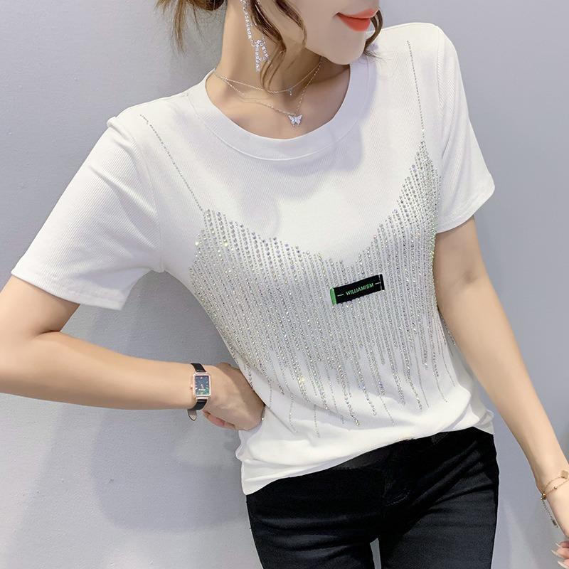 Women Casual Solid Color O-Neck Letter Labels T-shirt Summer Diamond Short Sleeve Shirts Fashion Streetwear Tees Top
