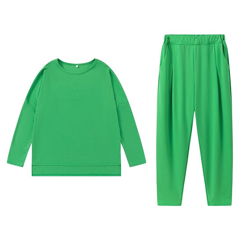 Modisches Rundhals-Langarm-Freizeithemd Zweiteiliges lockeres Hosenset Herbst Einfarbig Übergröße Hosen mit Taschen Hosenanzug Damenbekleidung 1846