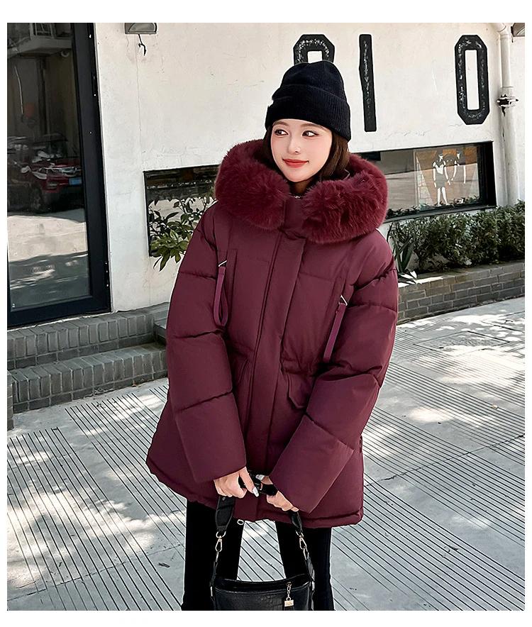 Women’s Midi Hooded Windproof Thicken Warm Winter Jacket With Big Fur Collar