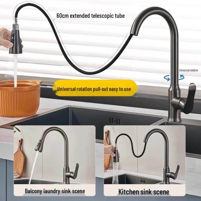 TLXT Black Stainless Steel Wall-Mounted Pull-Out Kitchen Faucet