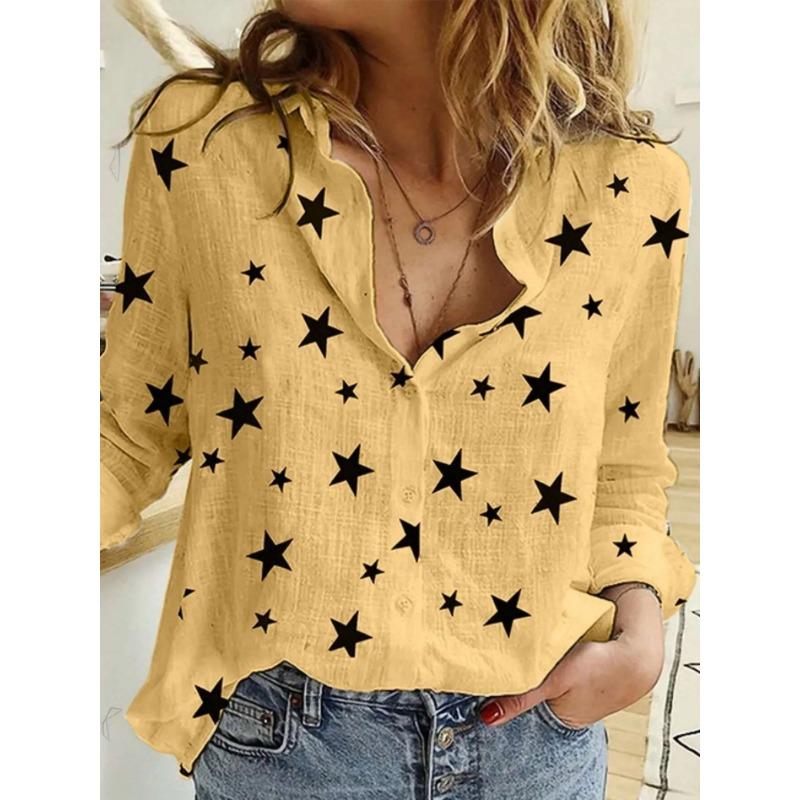 YYFS Women's Fashion Casual Spring Autumn Polka Dot Print Long Sleeve POLO Neck Blouses & Shirts