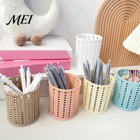 Pen Holder Imitation Rattan Holder, Round Hollow Desk Organizer, Large Capacity Pencil And Gadget Cup for Pens Pencils Makeup Brushes, Nordic