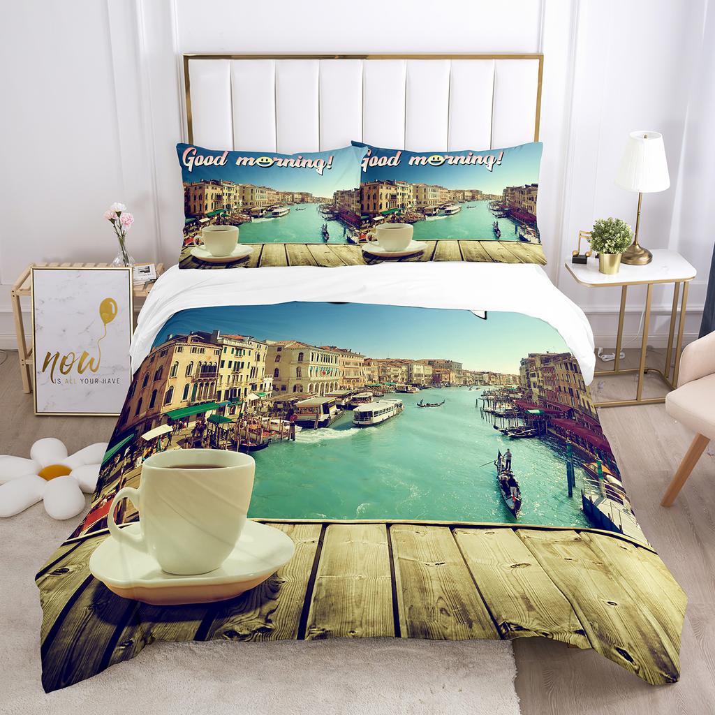Good Morning Duvet Cover Set Microfiber Coffee Rose Cozy Breakfast Twin Bedding Set Double Queen King Size 2/3pcs Quilt Cover