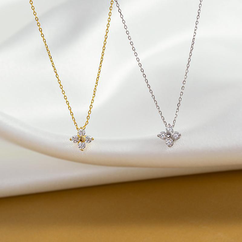 Halskette mit vierblättrigem Kleeblatt aus S925er Sterlingsilber, 14 Karat plattiert, mit Zirkonia und Diamantblumenanhänger, trendige Schlüsselbeinkette.