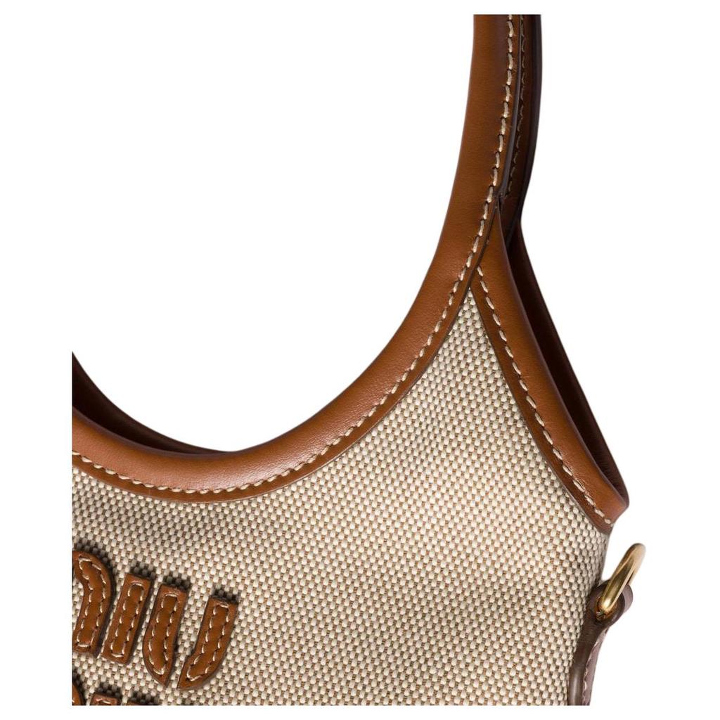 MIU MIU Ivy Marke Eingraviertes Logo Baumwolle Schulter-Tragetasche Damen Handtaschen Beige Brandy 5BA281_ACRN_F062F_V_OLF