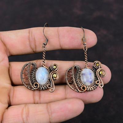 Rainbow Moonstone Earring Copper Wire Wrapped Earring Handmade Jewelry Real Gemstone Earrings Copper Jewelry Gift For Her Earring For Women