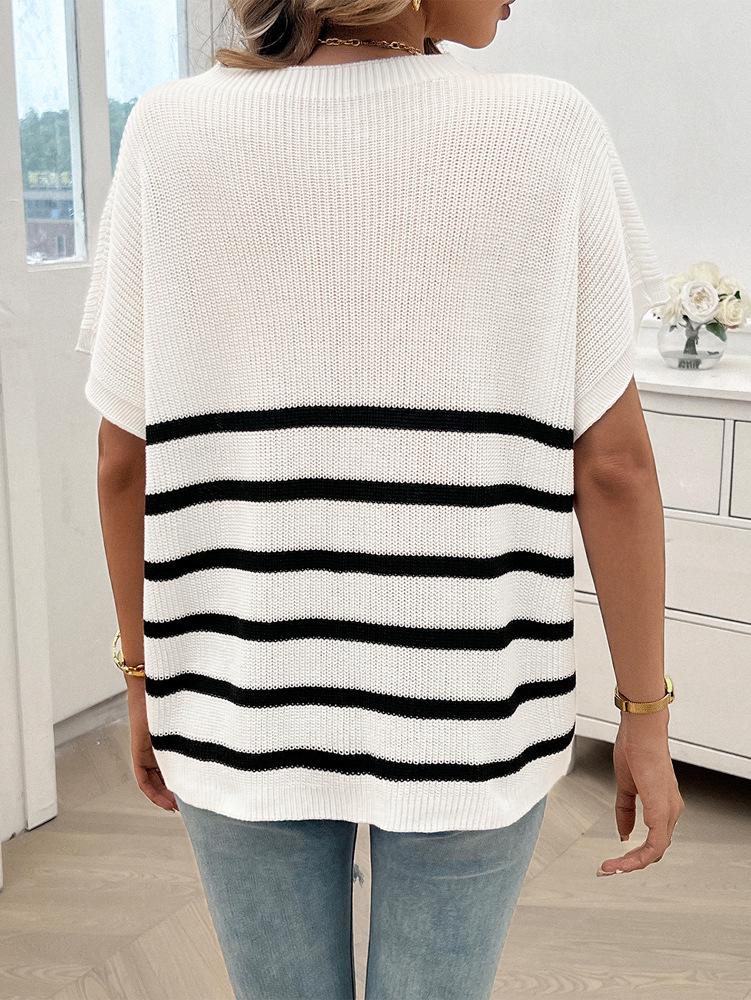 Women's Round Neck Striped Color Block Short Sleeve Sweater