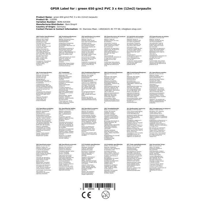 Bâche PVC, bâche de protection, 650g/m2, verte, étanche et résistante, 3x4m (12m²)