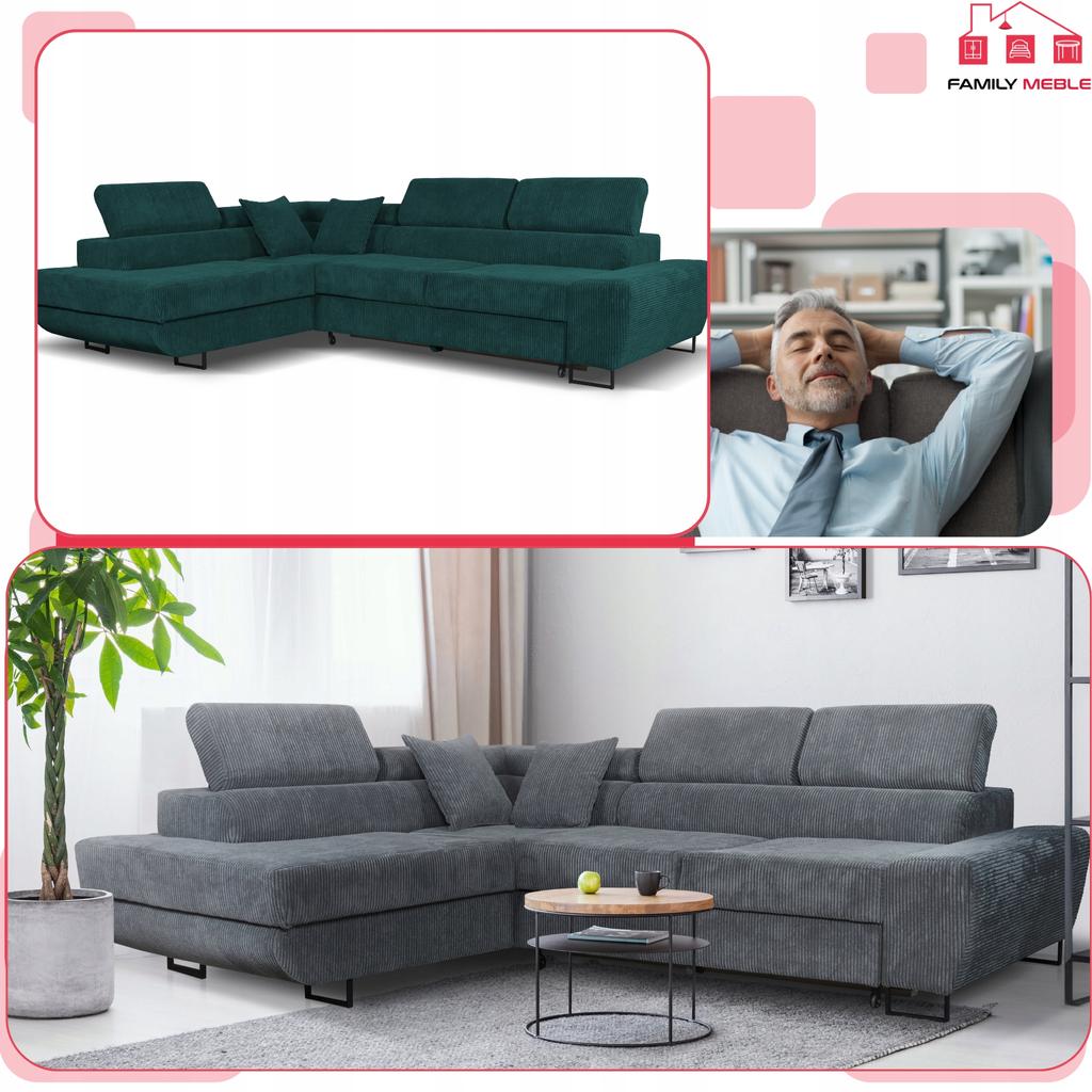 Corner Sofa, Foldable, F, Sleeping, Savio, Left, Family Furniture, Green, Corduroy