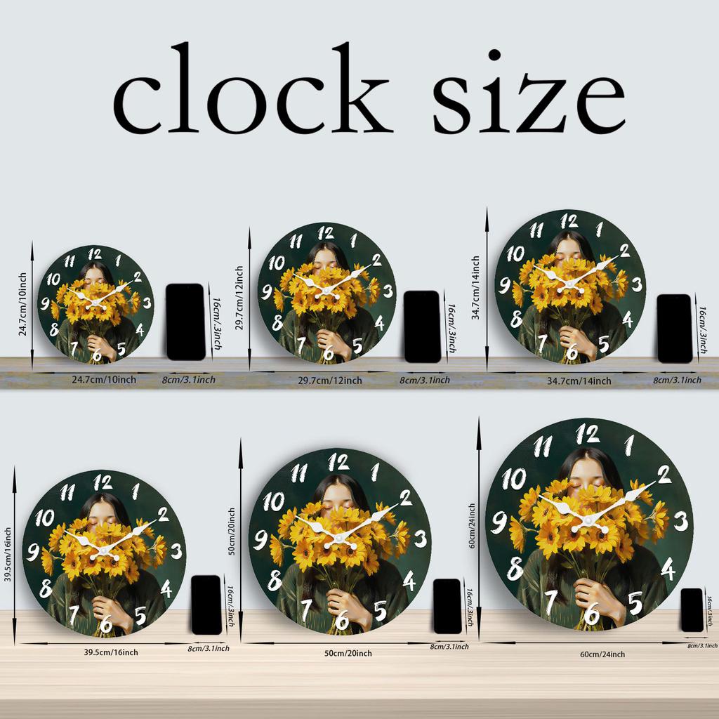 First-Class Sunflower Illustration First-Class Wooden Superior-Grade Wall Superior-Grade Clock 10-16Inch Superior-Grade Silent Premium-Quality Wall