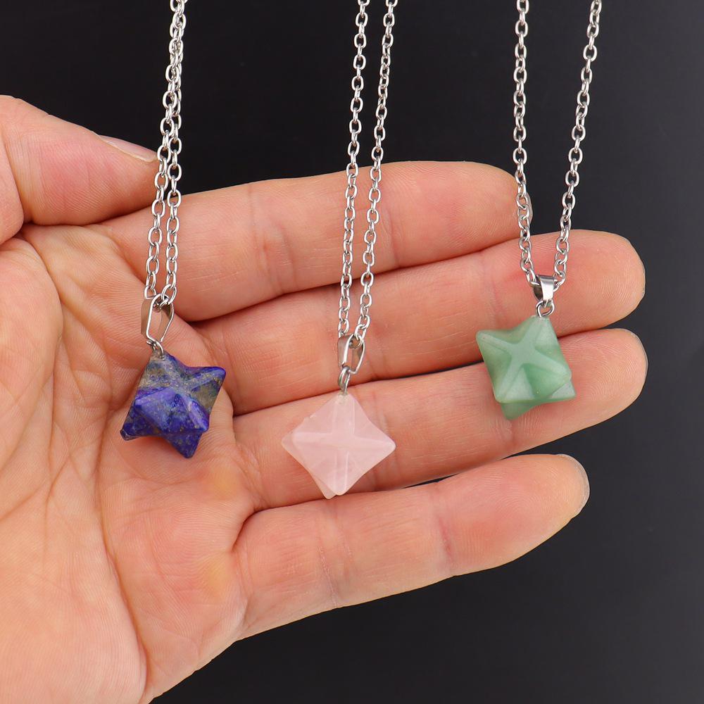 Large Natural Stone Pendant: 24mm Amethyst Rose Quartz Kabbalah Star Necklace