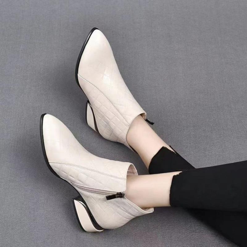 New Women'S Pointed Toe Low Heel Ankle Boots - Side Zip Soft Leather Fashion Booties Autumn Winter Comfortable Short Boots