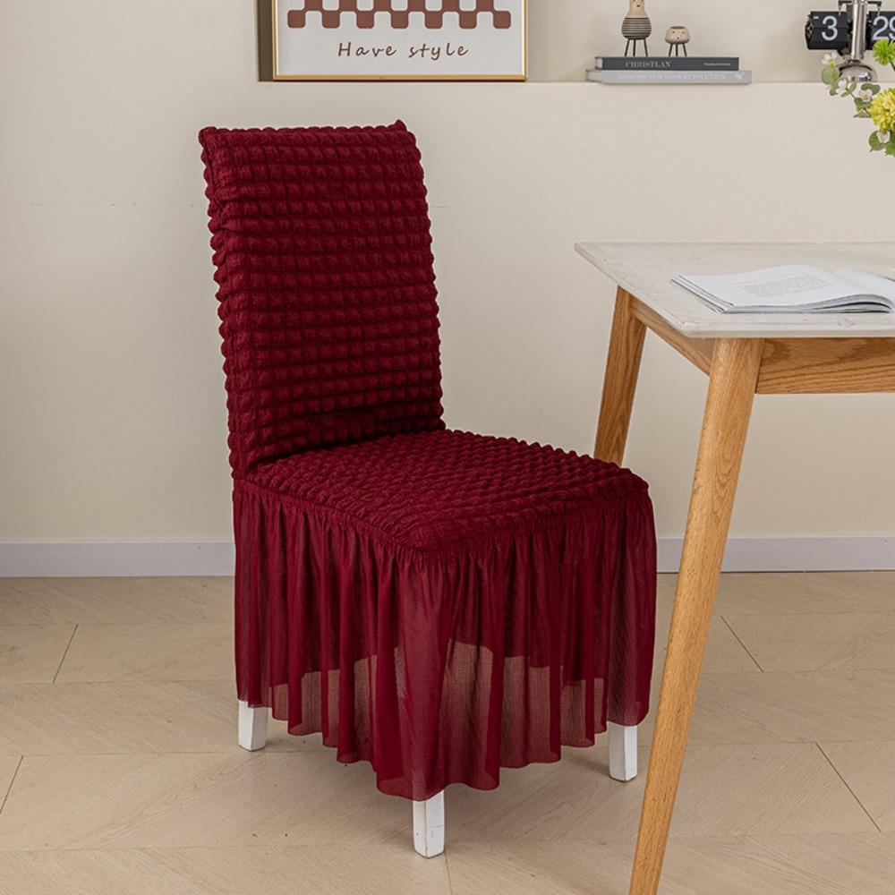 Thick 3D Bubble Gauze Chair Cover with Lace Hem Full Elastic Universal Dining Chair Slipcover