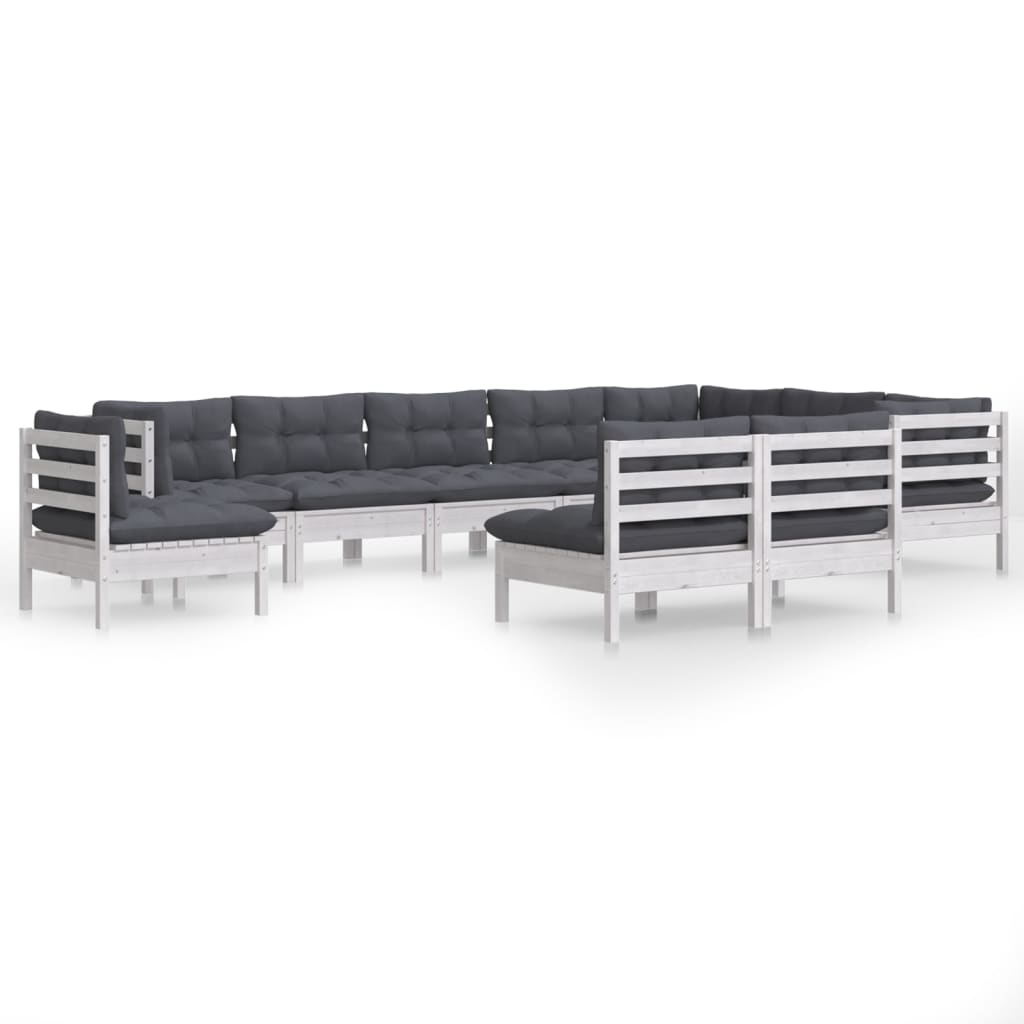 10 Piece Garden Lounge Set with Cushions White Solid Pine Wood