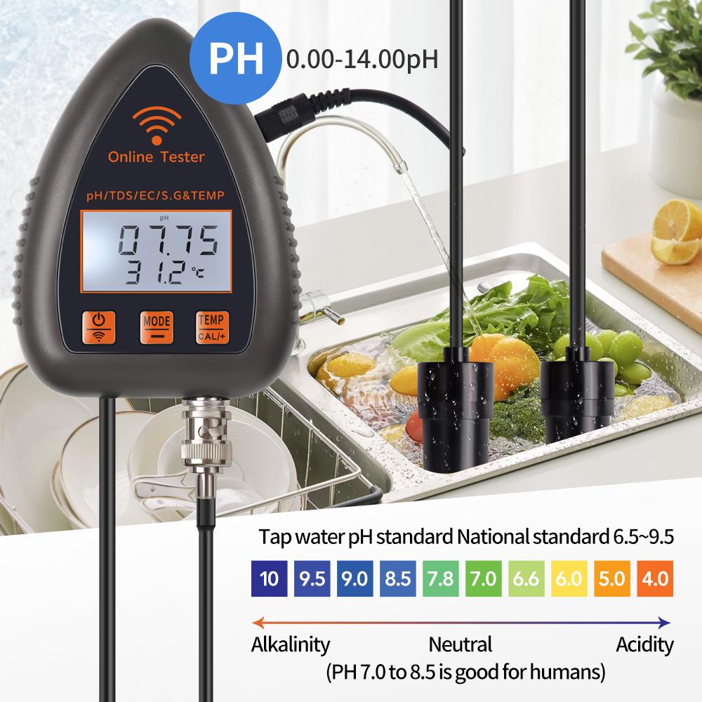 Bluetooth WiFi 5 in 1 Water Quality Tester Monitor PH TDS TEMP EC SG Salinity Analyzer LCD PH Meter for Drinking Water Aquarium
