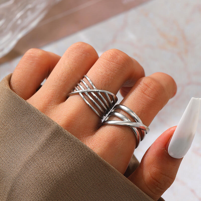 2Pcs/Set Stainless Steel Hollow Opening Rings for Women Men Geometric Irregular Multi-Layer Lines Rings Party Jewelry Wholesale