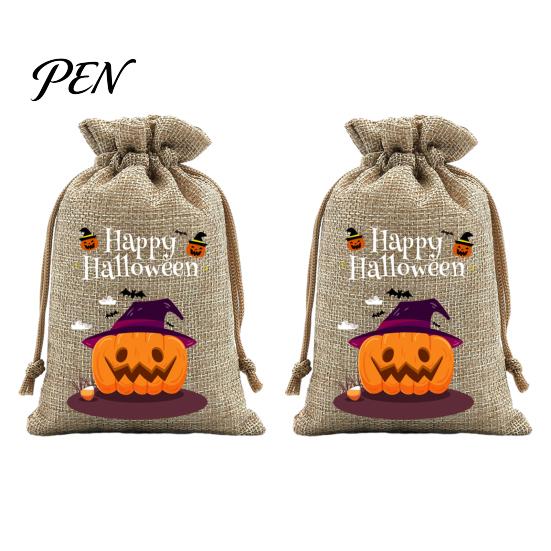 Reusable Gift Packaging 2Pcs Halloween Pumpkin Drawstring Bags for Candy Treats, Retro Burlap Small Storage Candies Trick or Treat Bags, Portable