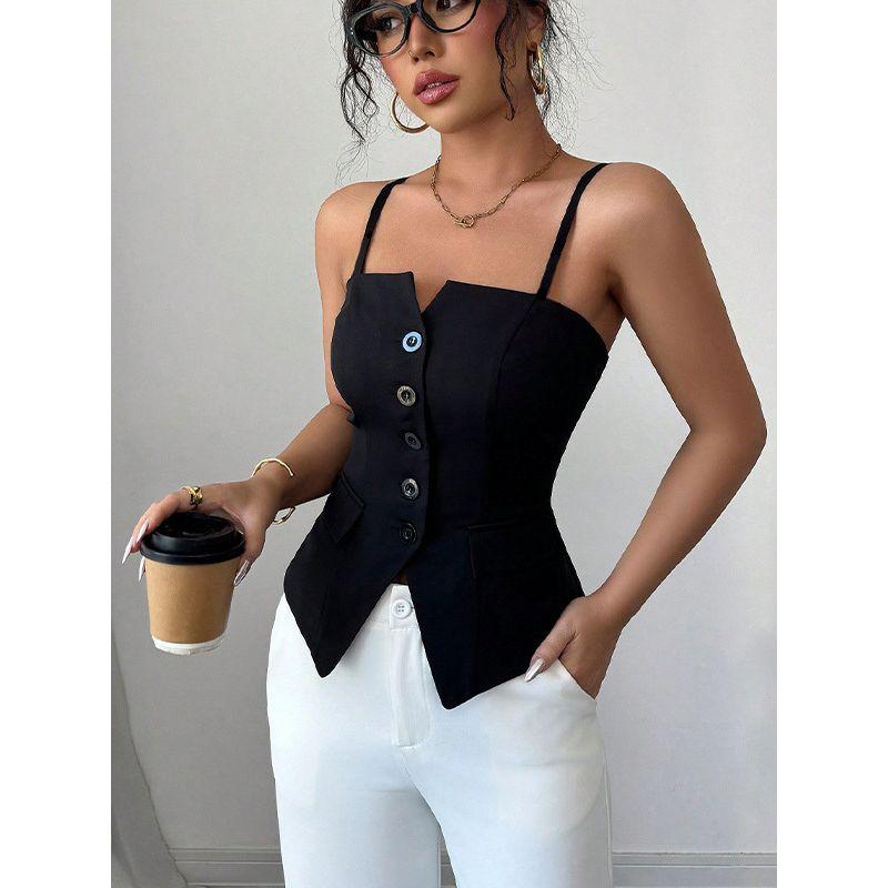 Women Clothes Solid High Sense Fashion Black Tube Top Summer New European and American Temperament Sling Cardigan Vest Top