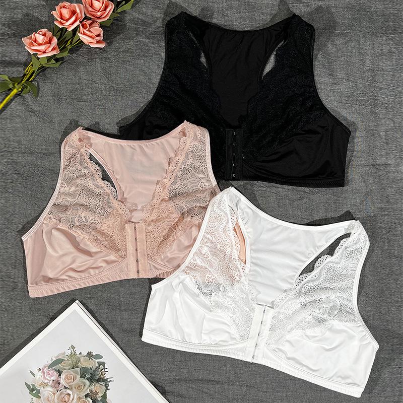 2024 Cross-border Plus Size Lace Bra: Wire-free, Breathable, Front Buckle, Comfortable Strappy Underwear for Breast Enhancement